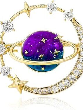 Planet Enamel Brooch Pin for Women Dainty Rhinestone Star Cloud 18K Gold Plated